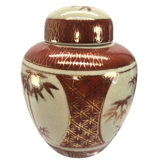 Vintage Japanese Ceramic Ginger Jar With Lid Bamboo Design Rust & Cream JE355 - Picture 3 of 6